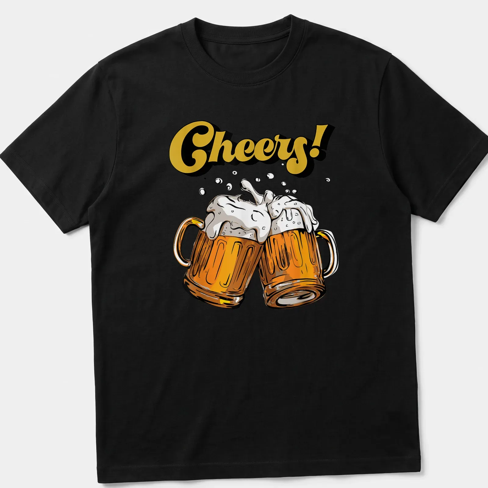 Cartoon beer mugs toasting with the text Cheers! in gold and brown — printed on a unisex t-shirt