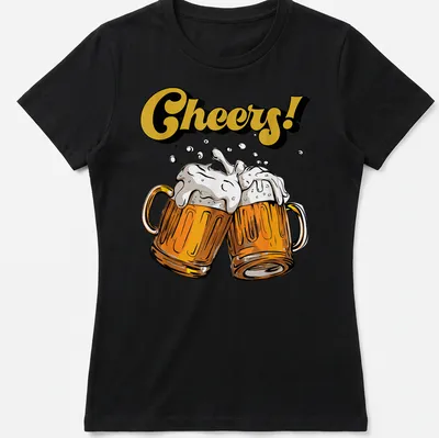 Cartoon beer mugs toasting with the text Cheers! in gold and brown — printed on a women's shirt