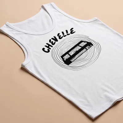 Minimal line-art design of a vintage cassette tape with Chevelle text — printed on a tank top