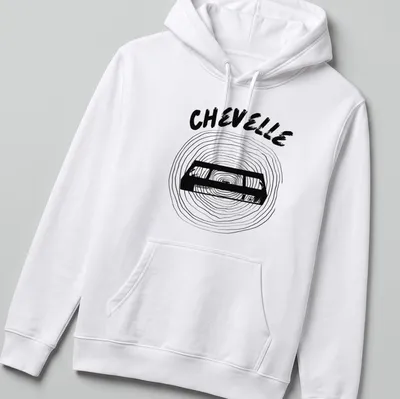 Minimal line-art design of a vintage cassette tape with Chevelle text — printed on a unisex hoodie
