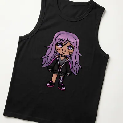 Kawaii T-shirt featuring a chibi character with purple hair and cute expression — printed on a tank top