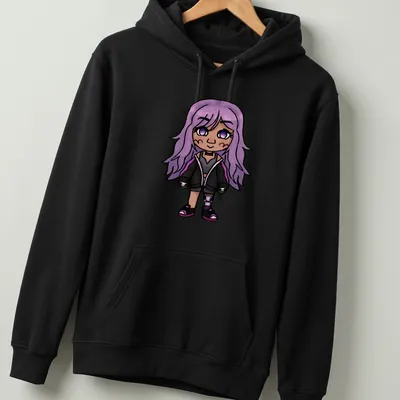 Kawaii T-shirt featuring a chibi character with purple hair and cute expression — printed on a unisex hoodie