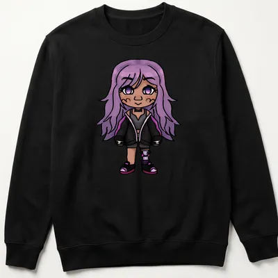 Kawaii T-shirt featuring a chibi character with purple hair and cute expression — printed on a unisex sweatshirt