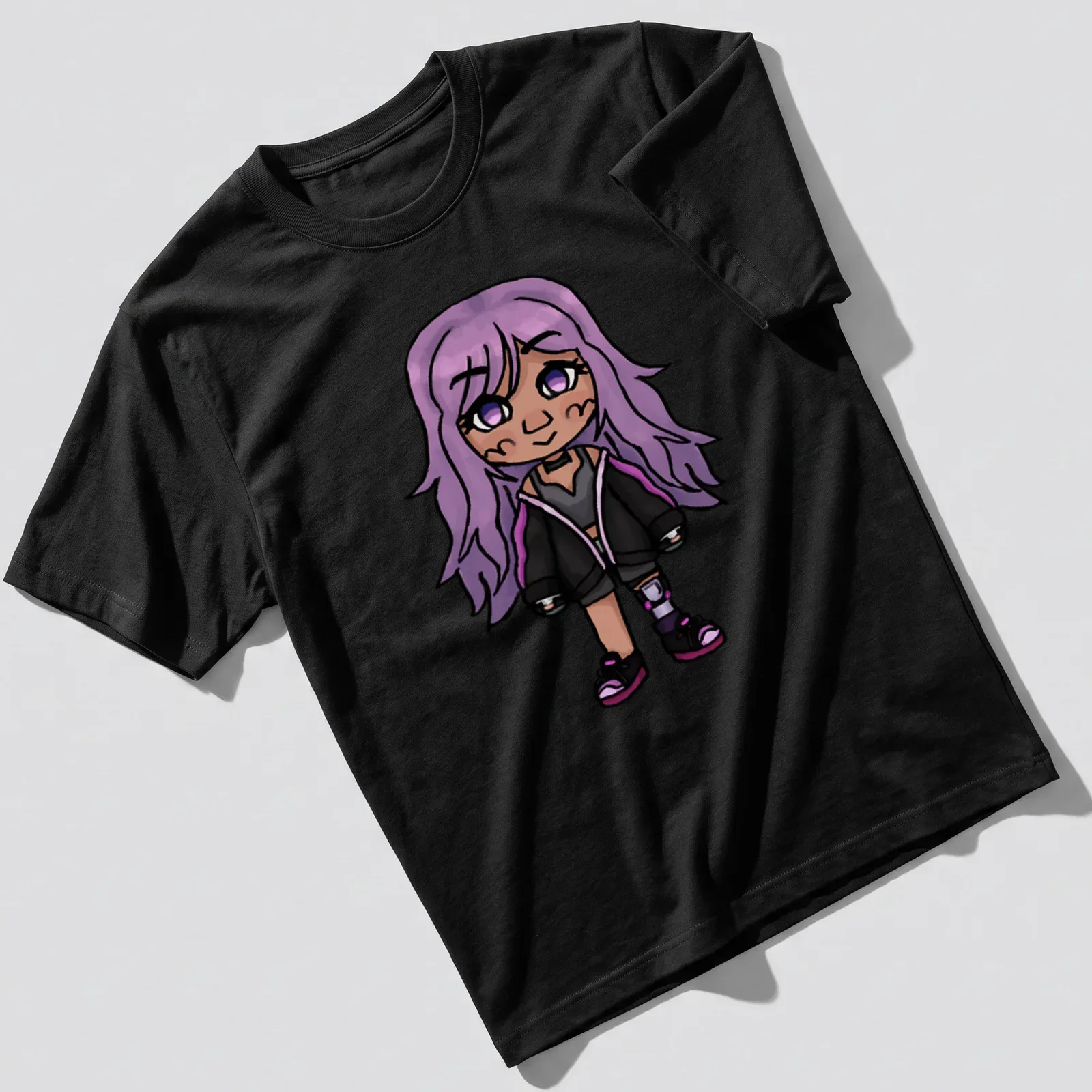 Kawaii T-shirt featuring a chibi character with purple hair and cute expression — printed on a unisex t-shirt