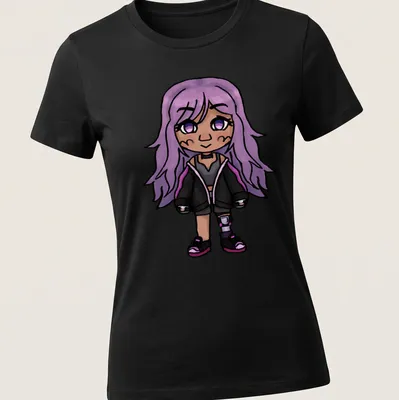 Kawaii T-shirt featuring a chibi character with purple hair and cute expression — printed on a women's shirt