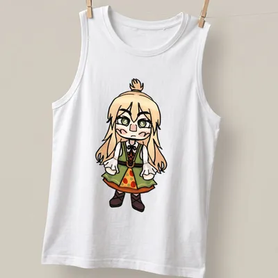 Kawaii Chibi character design in green, beige, brown, and orange — printed on a tank top
