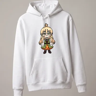 Kawaii Chibi character design in green, beige, brown, and orange — printed on a unisex hoodie