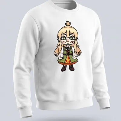 Kawaii Chibi character design in green, beige, brown, and orange — printed on a unisex sweatshirt