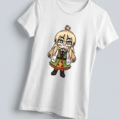 Kawaii Chibi character design in green, beige, brown, and orange — printed on a women's shirt