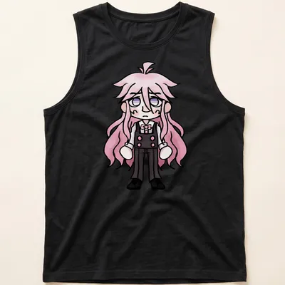 Kawaii chibi character with pink hair on a T-shirt in pink, black, and white. — printed on a tank top