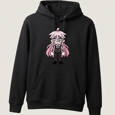 Kawaii chibi character with pink hair on a T-shirt in pink, black, and white. — printed on a unisex hoodie