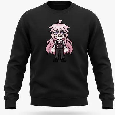 Kawaii chibi character with pink hair on a T-shirt in pink, black, and white. — printed on a unisex sweatshirt