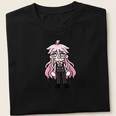 Kawaii chibi character with pink hair on a T-shirt in pink, black, and white. — printed on a unisex t-shirt