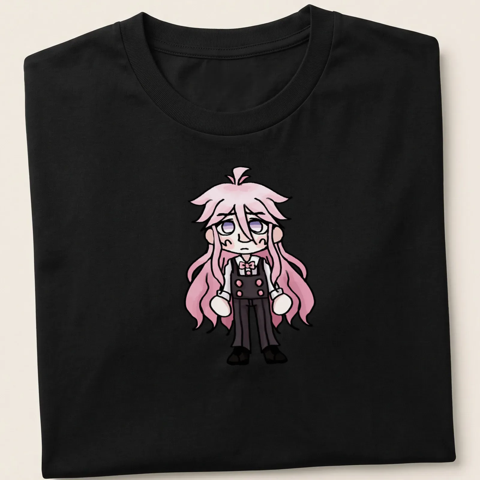 Kawaii chibi character with pink hair on a T-shirt in pink, black, and white. — printed on a unisex t-shirt