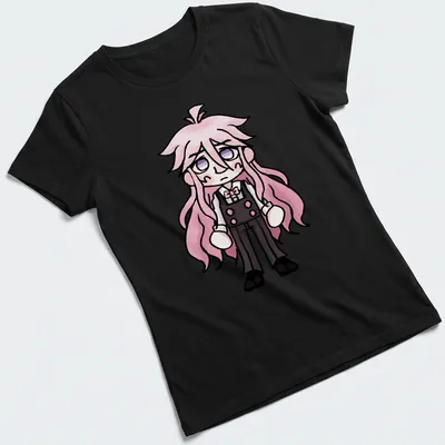 Kawaii chibi character with pink hair on a T-shirt in pink, black, and white. — printed on a women's shirt