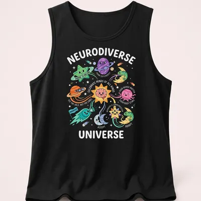 Kawaii cartoon t-shirt featuring colorful planets and stars with faces and the text 'Choose To Include Advocate.' — printed on a tank top