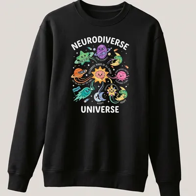Kawaii cartoon t-shirt featuring colorful planets and stars with faces and the text 'Choose To Include Advocate.' — printed on a unisex sweatshirt
