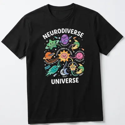 Kawaii cartoon t-shirt featuring colorful planets and stars with faces and the text 'Choose To Include Advocate.' — printed on a unisex t-shirt