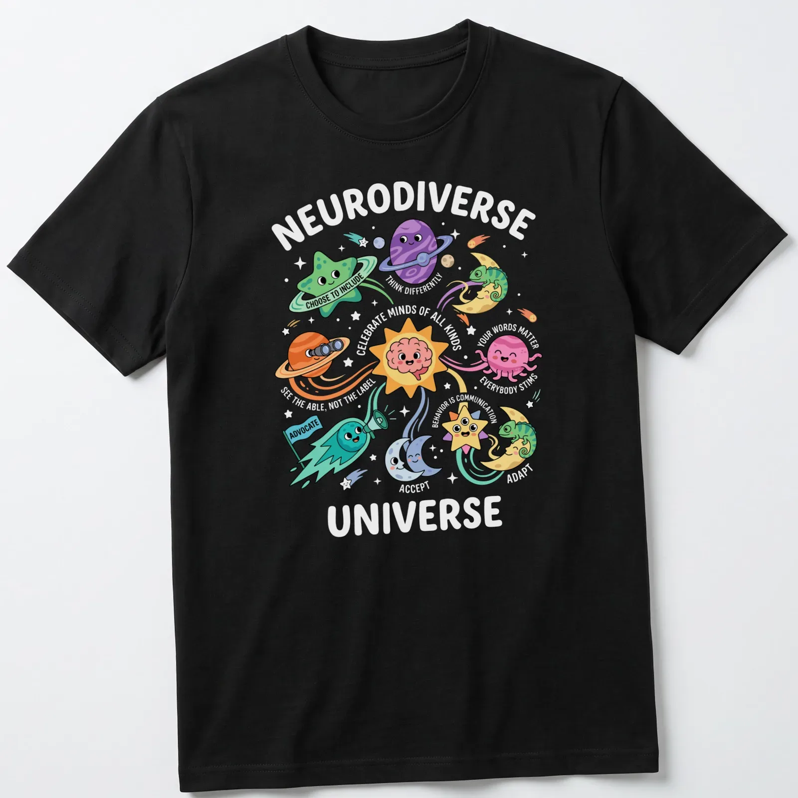 Kawaii cartoon t-shirt featuring colorful planets and stars with faces and the text 'Choose To Include Advocate.' — printed on a unisex t-shirt