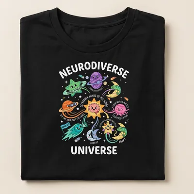 Kawaii cartoon t-shirt featuring colorful planets and stars with faces and the text 'Choose To Include Advocate.' — printed on a women's shirt