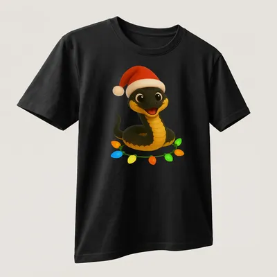 Kawaii cartoon Eastern Rat Snake in a Santa hat with colorful accents — printed on a unisex t-shirt (angled view)