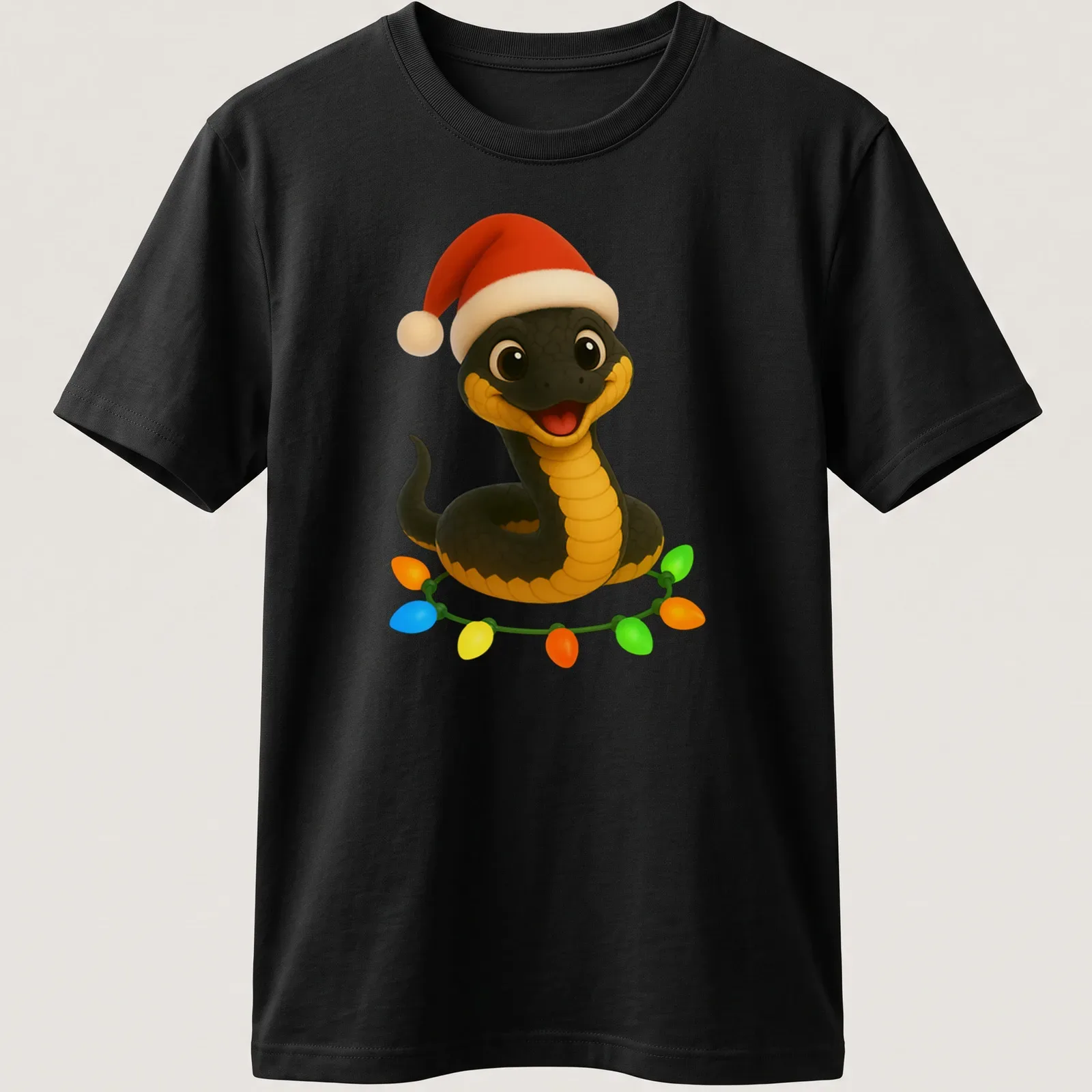 Kawaii cartoon Eastern Rat Snake in a Santa hat with colorful accents — printed on a unisex t-shirt