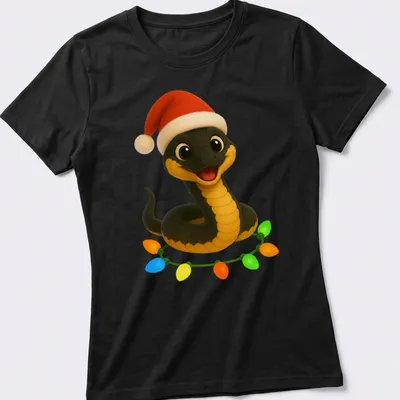 Kawaii cartoon Eastern Rat Snake in a Santa hat with colorful accents — printed on a women's shirt