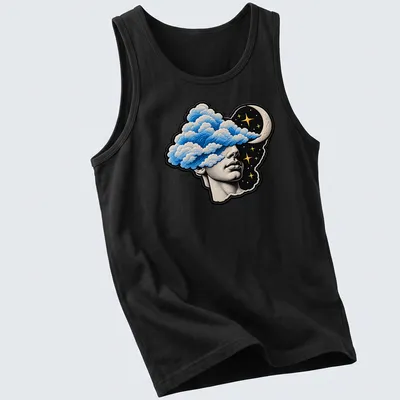 Surreal T-shirt depicting a head filled with clouds and celestial elements in blue, black, gold, and white. — printed on a tank top