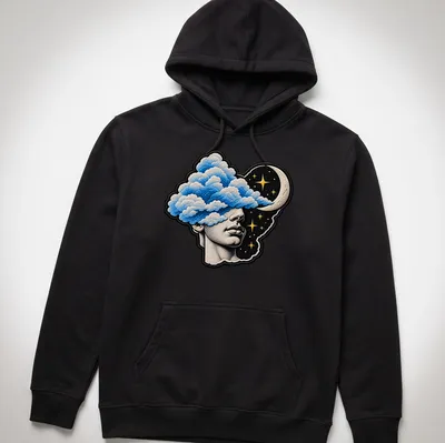 Surreal T-shirt depicting a head filled with clouds and celestial elements in blue, black, gold, and white. — printed on a unisex hoodie