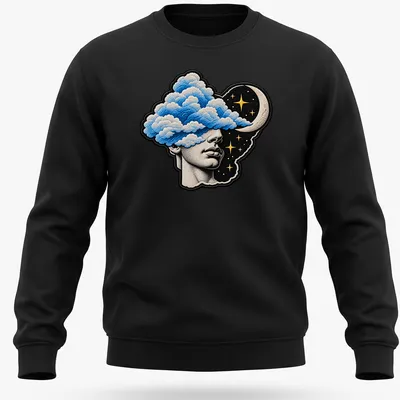 Surreal T-shirt depicting a head filled with clouds and celestial elements in blue, black, gold, and white. — printed on a unisex sweatshirt