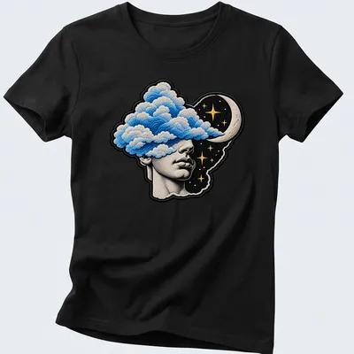Surreal T-shirt depicting a head filled with clouds and celestial elements in blue, black, gold, and white. — printed on a women's shirt