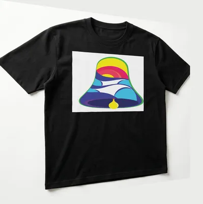 Colorful abstract design of a bell in vibrant hues — printed on a unisex t-shirt (angled view)