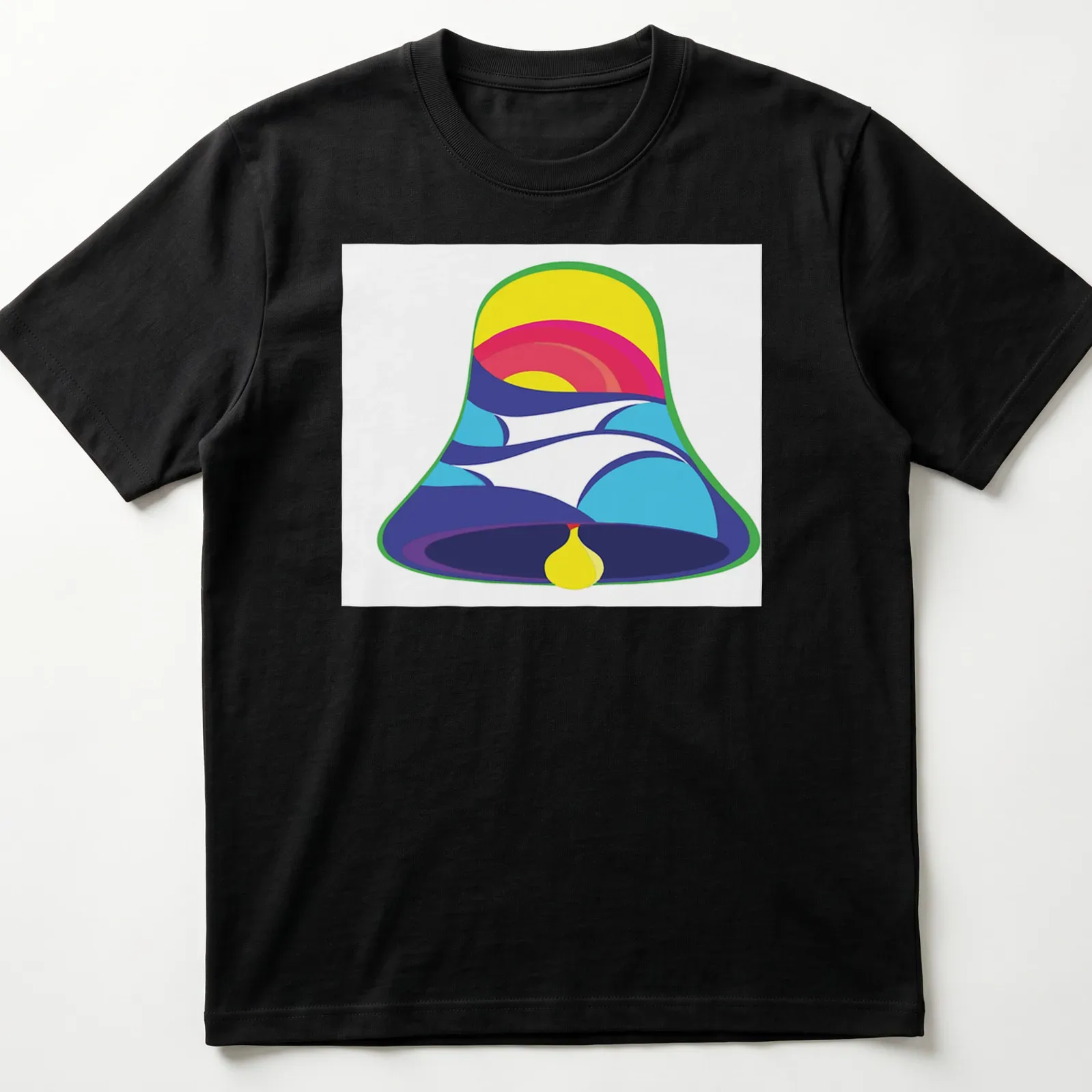 Colorful abstract design of a bell in vibrant hues — printed on a unisex t-shirt