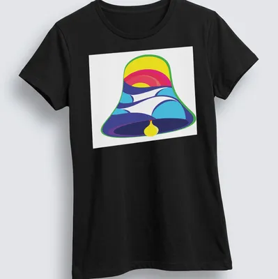 Colorful abstract design of a bell in vibrant hues — printed on a women's shirt