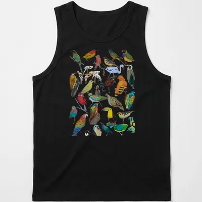 Vibrant illustration of various birds in multiple colors on a — printed on a tank top