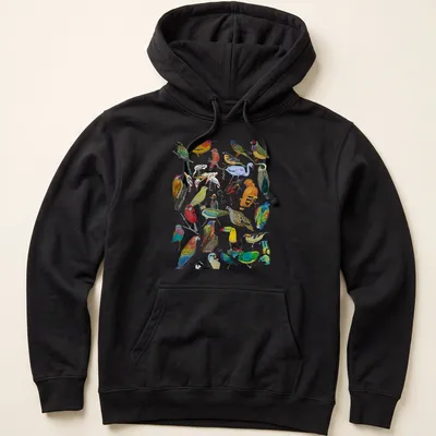 Vibrant illustration of various birds in multiple colors on a — printed on a unisex hoodie
