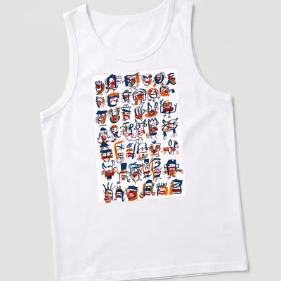 Abstract faces and characters designed in blue, orange, and white doodle style — printed on a tank top