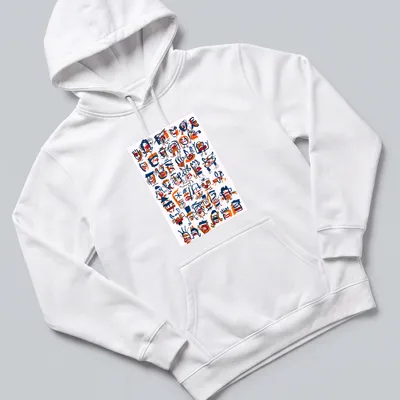 Abstract faces and characters designed in blue, orange, and white doodle style — printed on a unisex hoodie