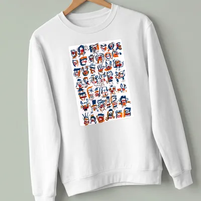 Abstract faces and characters designed in blue, orange, and white doodle style — printed on a unisex sweatshirt