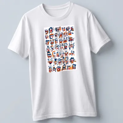 Abstract faces and characters designed in blue, orange, and white doodle style — printed on a unisex t-shirt