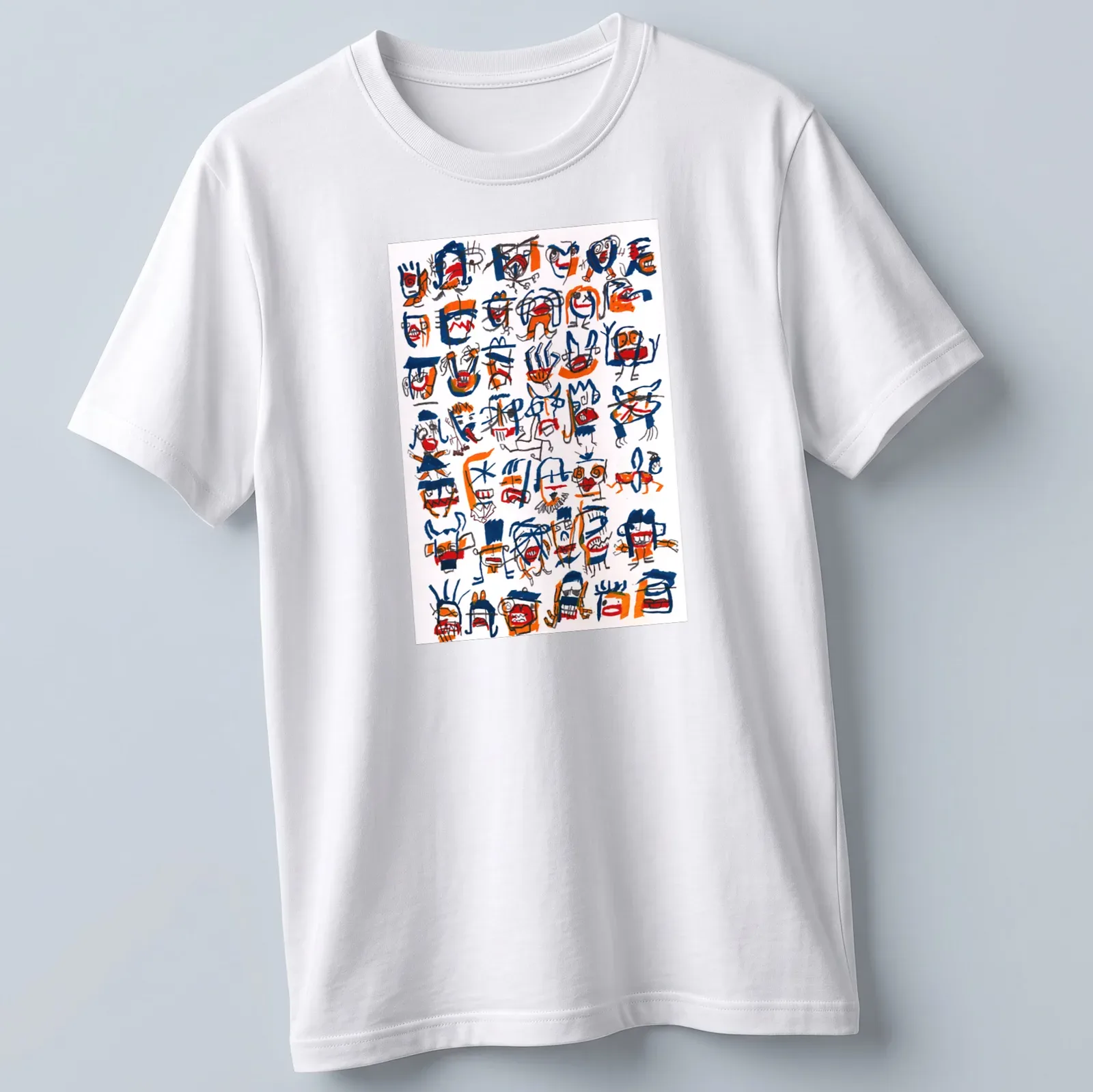 Abstract faces and characters designed in blue, orange, and white doodle style — printed on a unisex t-shirt