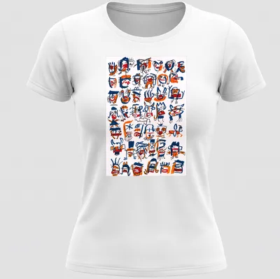 Abstract faces and characters designed in blue, orange, and white doodle style — printed on a women's shirt
