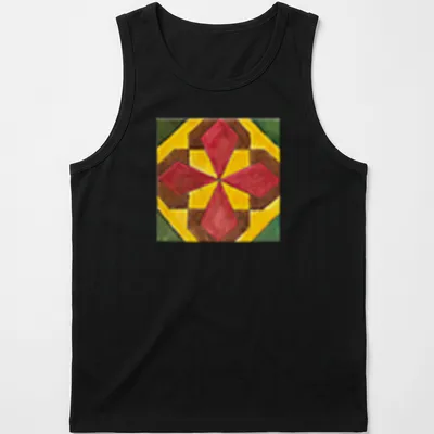 Geometric tile pattern in red, yellow, brown, and green on a tee. — printed on a tank top
