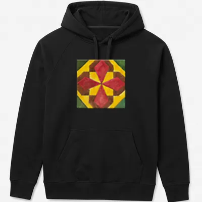 Geometric tile pattern in red, yellow, brown, and green on a tee. — printed on a unisex hoodie