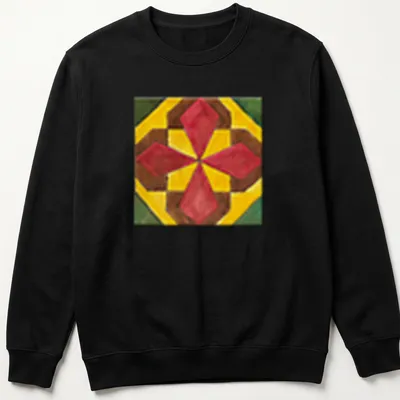 Geometric tile pattern in red, yellow, brown, and green on a tee. — printed on a unisex sweatshirt