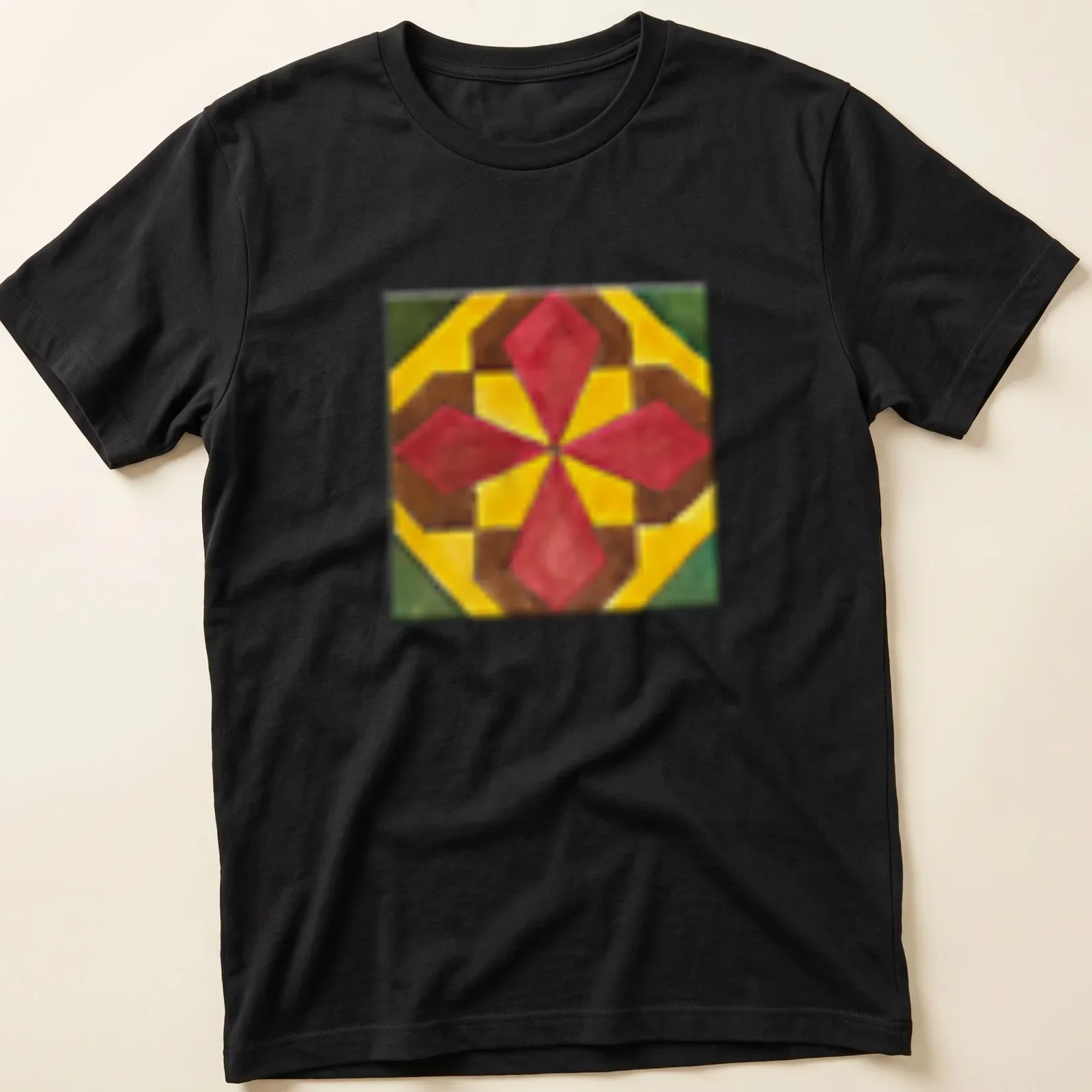 Geometric tile pattern in red, yellow, brown, and green on a tee. — printed on a unisex t-shirt