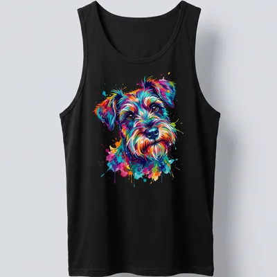Watercolor splash of a colorful Schnauzer dog in multiple bright colors — printed on a tank top