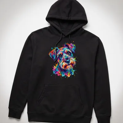 Watercolor splash of a colorful Schnauzer dog in multiple bright colors — printed on a unisex hoodie