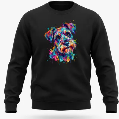Watercolor splash of a colorful Schnauzer dog in multiple bright colors — printed on a unisex sweatshirt