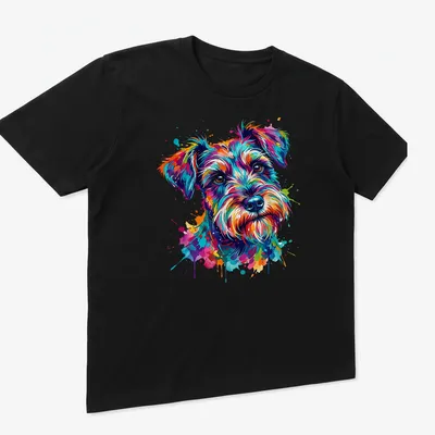 Watercolor splash of a colorful Schnauzer dog in multiple bright colors — printed on a unisex t-shirt (angled view)